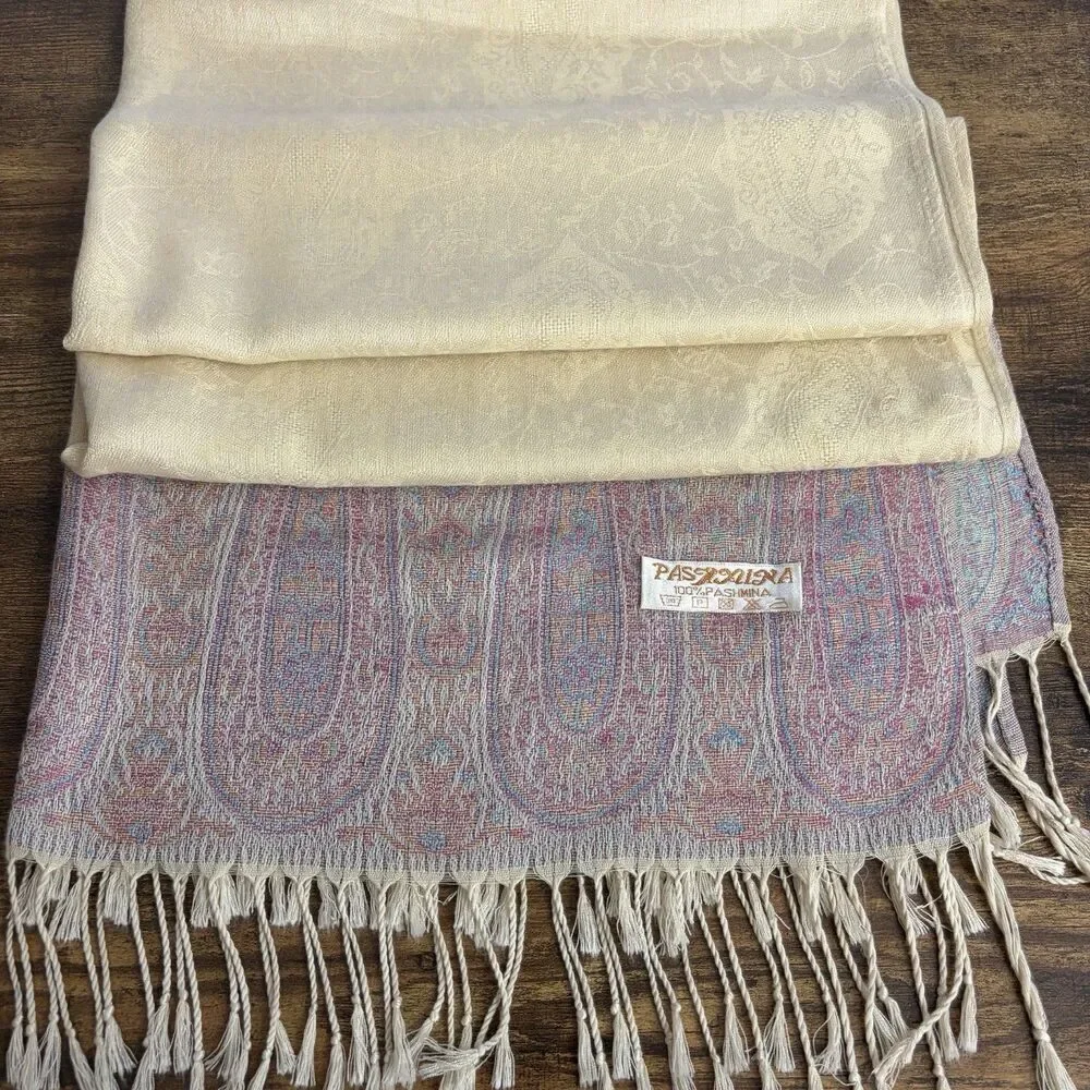 Pashmina 100% Cashmere Scarf Stole Wrap Shawl Paisley Beige Purple 72x28